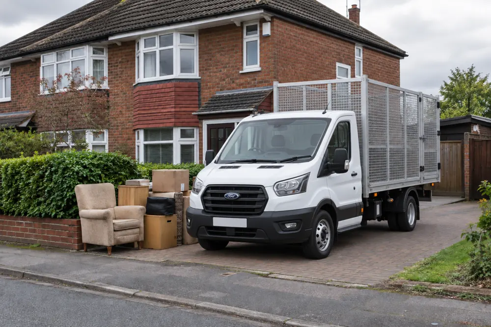 Generated photograph of a new white Ford Transit with a square aluminium cage body outside a UK brick house