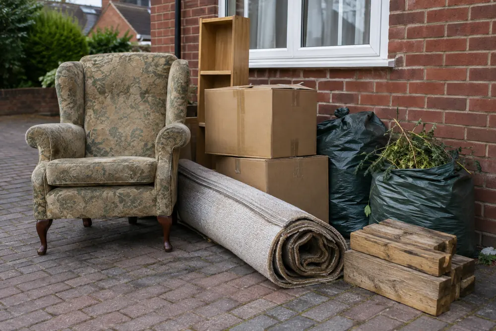 Generated photograph of unwanted furniture, carpet, cardboard and garden waste on a UK driveway